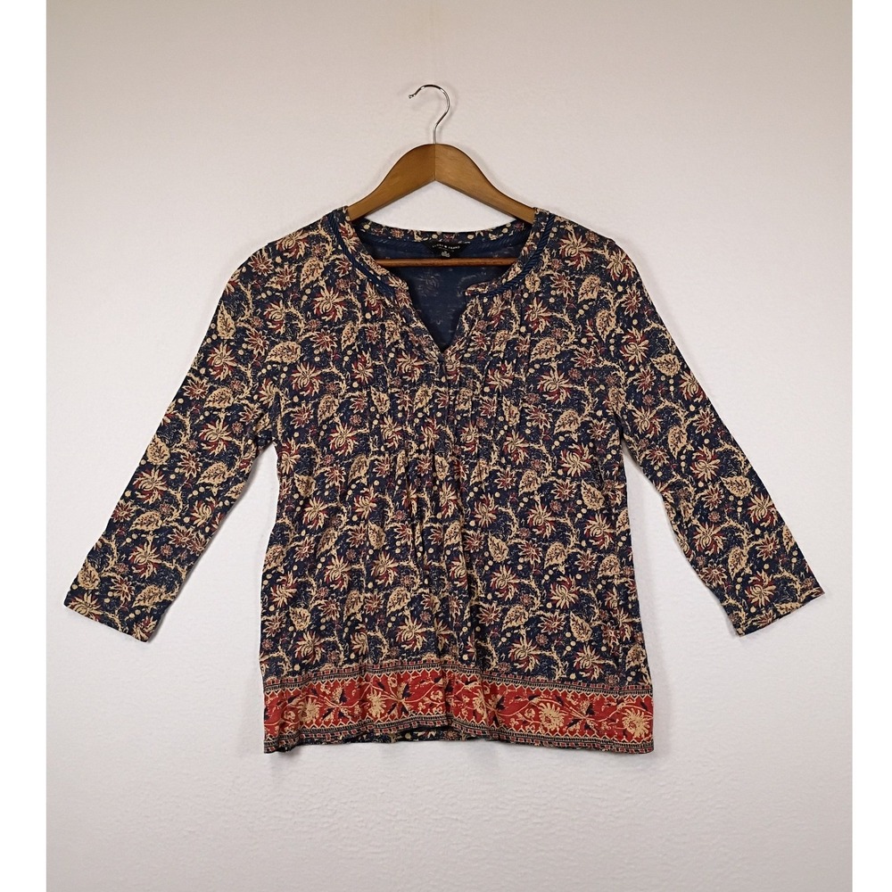 Boho Lucky Brand Womens Medium Navy Blue Floral Pintuck 3/4 Sleeve Peasant Top